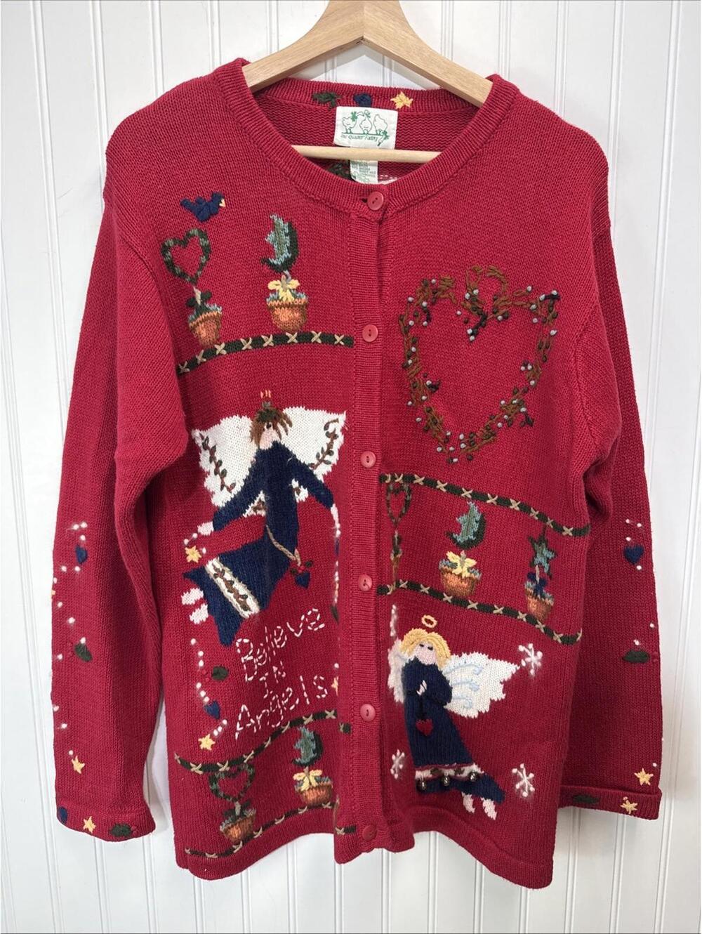 Vintage The Quaker Factory Christmas Angels Red Sweater Cardigan Embroidered M